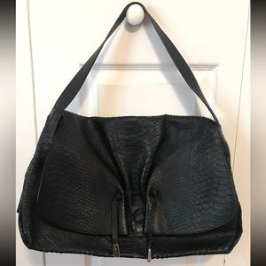 Furla Black Reptile Embossed Leather Shoulder Bag Large